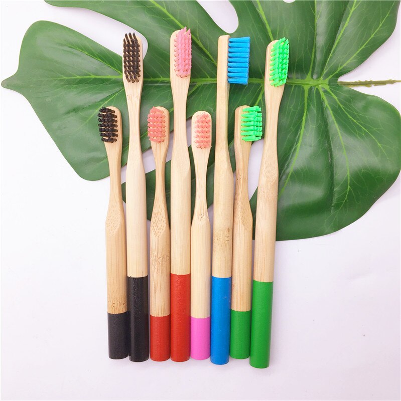 Round handle bamboo toothbrush color bristles set for adults and children