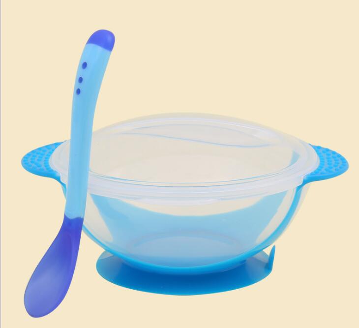 Babybestick 3 stycken / set babysugsservis baby skedskål med temperaturavkänning barnmat matning säker skål servis: Blå täcksked