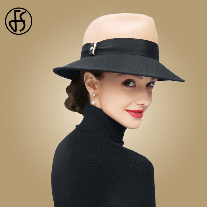 Fs bred brätte fedora kamel och svart dam hattar med band ull filt hattar bowler hatt chapeau femme feutre dam trilby hatt