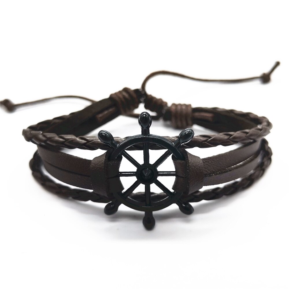 Zwart Rudder Handgemaakte Zonnebloem Klinknagel Wing Blade Kralen Schedel Lederen Armbanden 4 Stks/set Mannen Armbanden Vrouwen Mode-sieraden