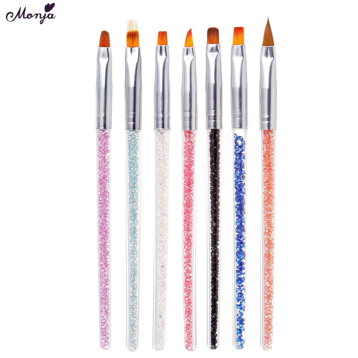 Monja 7 Stks/set Strass Handvat Nail Art Brush Kit Acryl Uv Gel Extension Builder Schilderen Patroon Diy Tekening Pen