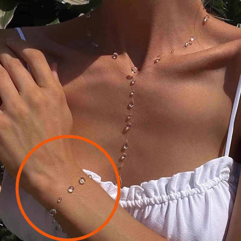 Handmade Dew Rain Earrings Bracelet Necklace Jwelry Set for Women Teen Girls Mom Crystal Wedding Party Jewelry for Her: Pure Gold Color