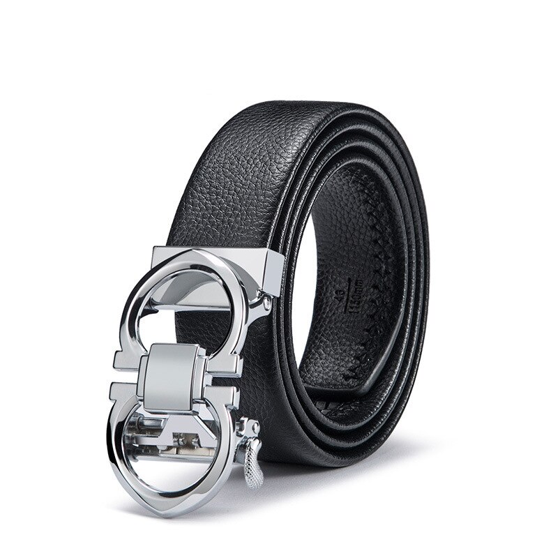 Men's Litchi Pattern Belt Men's Automatic Buckle Belts Business Casual Fashionable All-match Men's Belt PU Leather: Silver