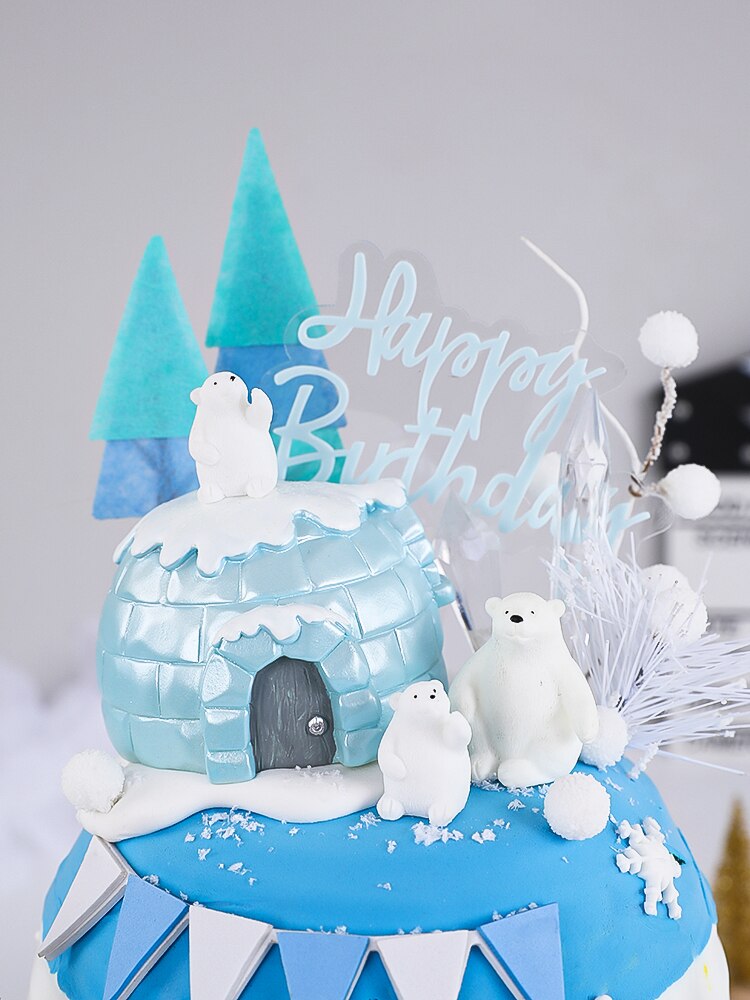 Polar Bear Theme Cake Topper for Home Happy Birthday Merry Ice and Snow Party Ornaments Dessert Baking Decorations Supplies