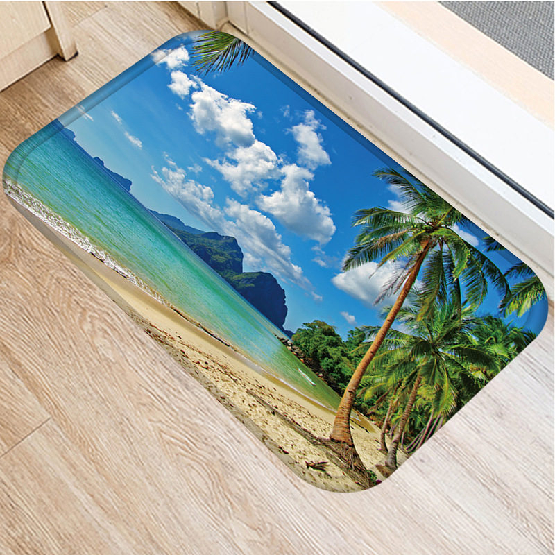 1pcs 40*60cm Sea Beach Scenic Pattern Anti-Slip Suede Carpet Door Mat Doormat Outdoor Kitchen Living Room Floor Mat Rug 48293: 2DD-48293-001
