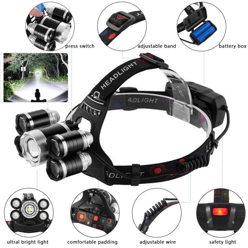8000 Lumens 5 Led Headlamp XML T6 Head Lamp Powerful Led Headlight, with 18650 battery Flashlight Head Lights for Hiking