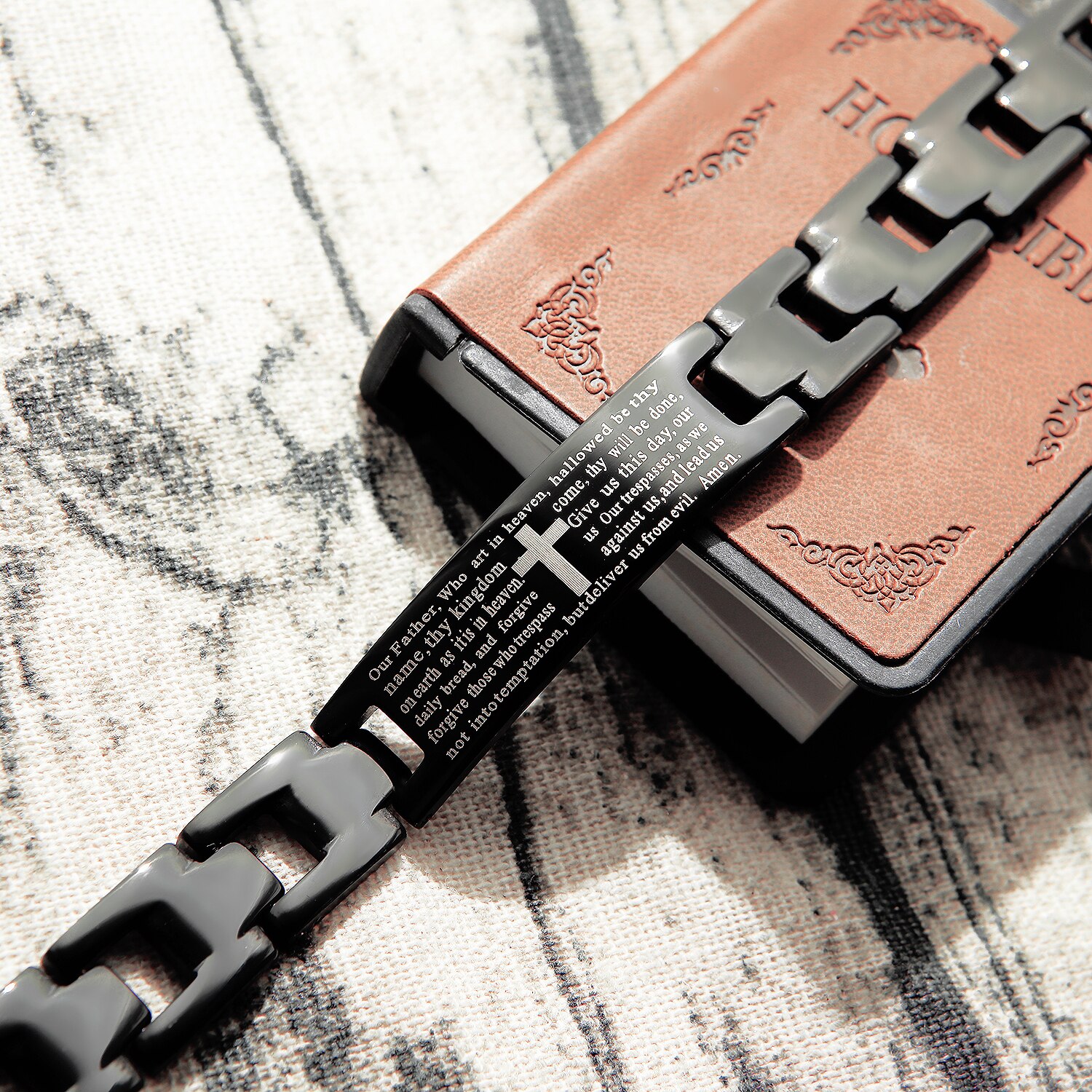 Bijoux fantaisie en acier inoxydable 316L métal anglais espagnol seigneur prière noir mâle hommes Bracelets bracelet