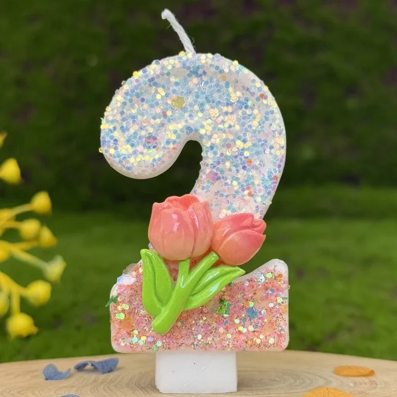 Pink Glitter Tulip Flower Candles for Birthday Party Anniversary Cake Decoration Atmosphere Decoration Photography Props: camel