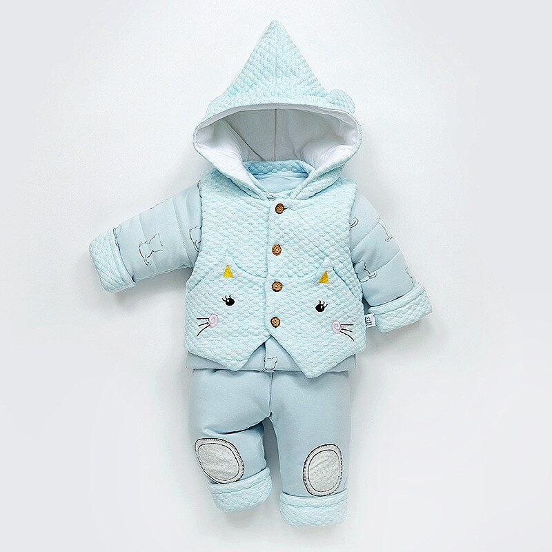 3 Pcs/set Baby Girl Winter Clothes Hooded Velvet Warm Baby Boy Clothes Coat+Vest+Pants Infant Clothing Set for 0-1 years old: blue / 6M