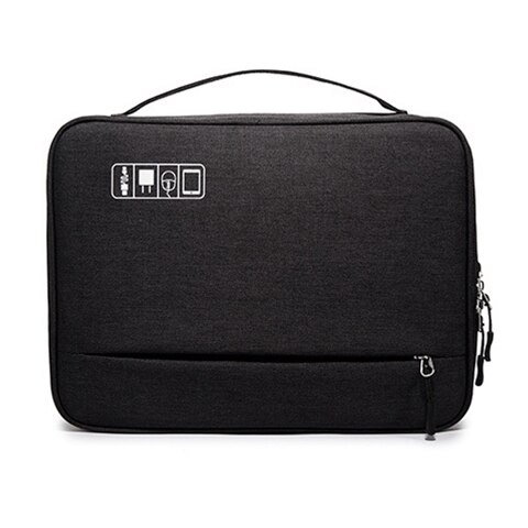 Bolsa de almacenamiento de accesorios electrónicos de doble capa habitación separada y tiras de separación estuche organizador portátil para iPad, discos duros, Cables,: Black