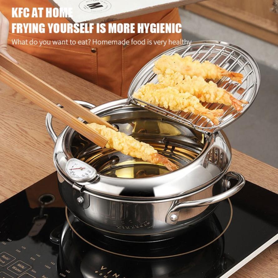 Kitchen Deep Frying Pot Stainless Steel Thermometre Tempura Fryer Pan Temperature Control Fried Chicken Pot Cooking Tools