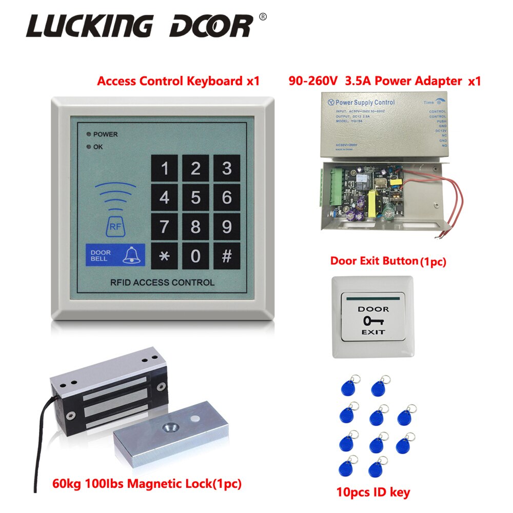 125KHz RFID Proximity Card Reader Door Access Control system Entry System 100lbs Magnetic Lock Kit