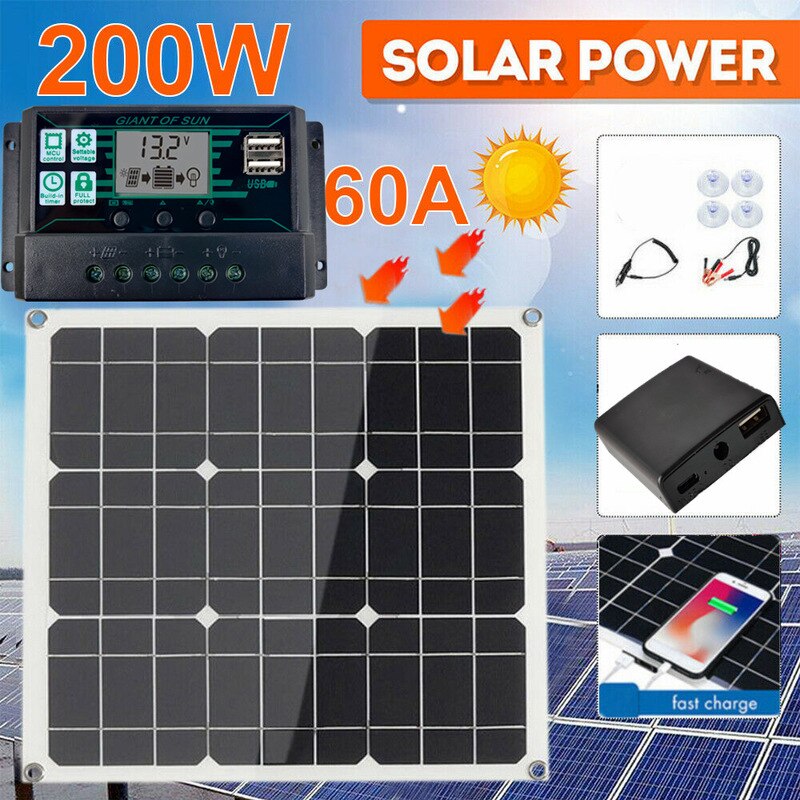 Portable 200 Watt 200W Solar Panel Set Dual-USB with LCD Solar Controller 12V Folding Outdoor Mobile Power Battery Charger
