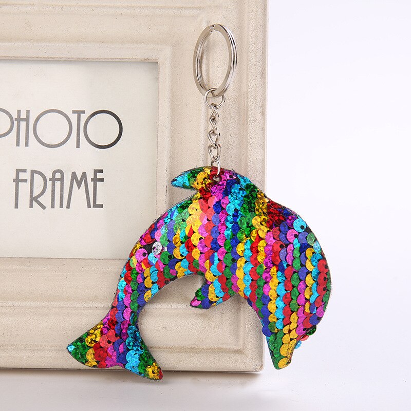 Cute Shiny Dolphin Keychain Mermaid Sequins Animal Sequin Key Chain Keyrings For Women Car Bag Pendant Jewelry