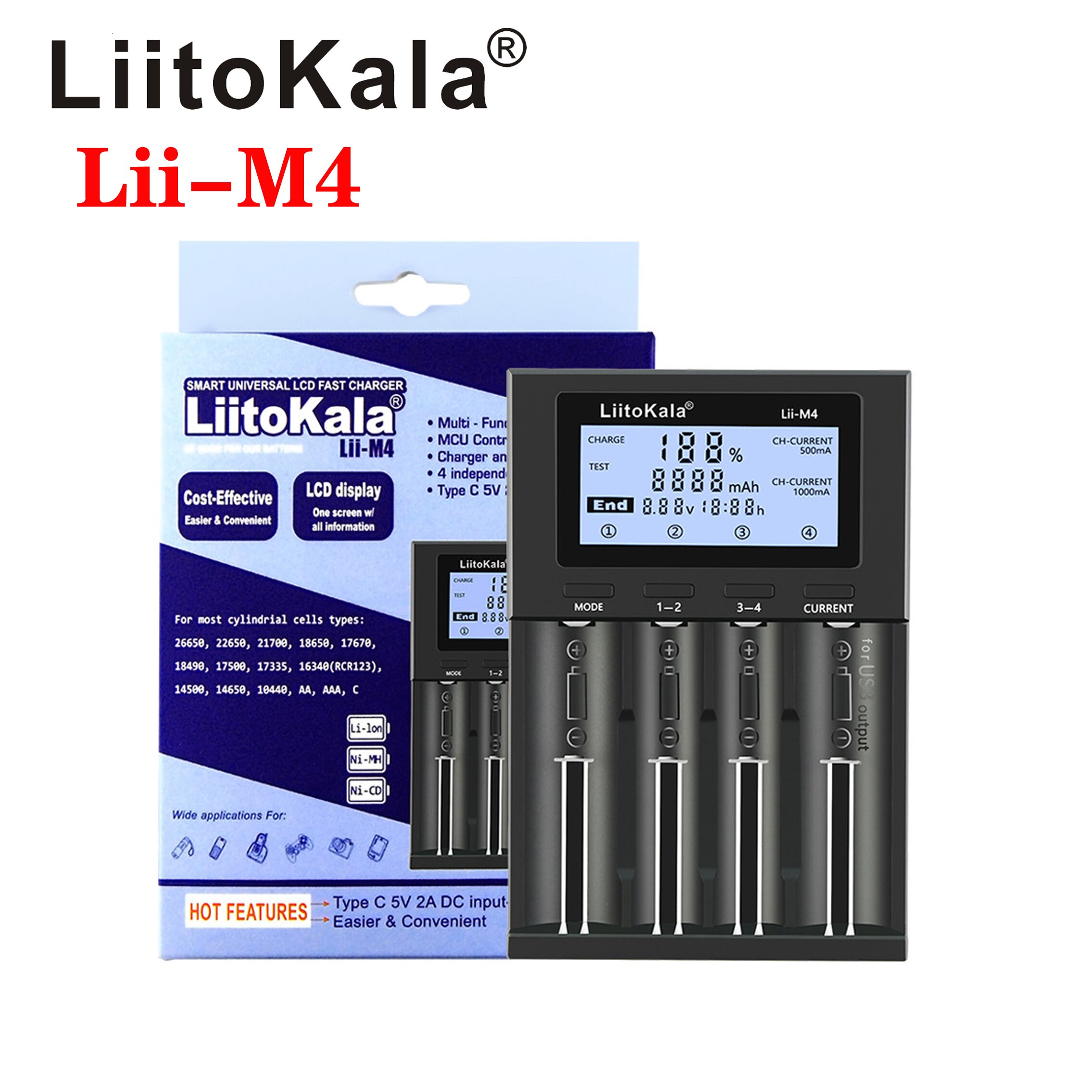 Liitokala Lii-M4 Lii-S4 Lii-202 Lii-402 Lii-S2 Lii-PD4 Lii-PD2 3.7V 18650 21700 18350 26650 14500 16340 Batterij Smart Charger: Lii-M4