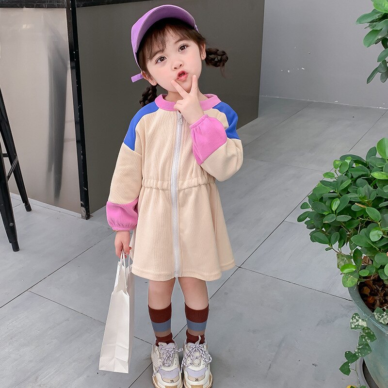 fall children's long sleeve dress colorful knitting dress two colors: beige / 2T