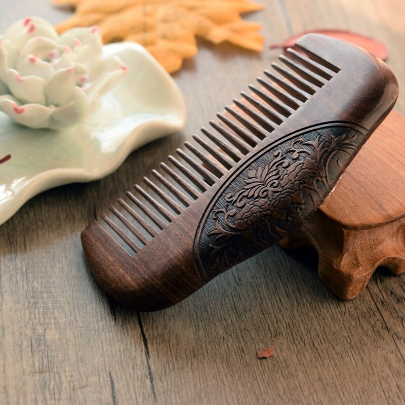 Golden Sandalwood Comb Double-Sided Carved Natural Sandalwood Fine Comb Anti-Static Care Massage 10x5.8x1.3cm NS