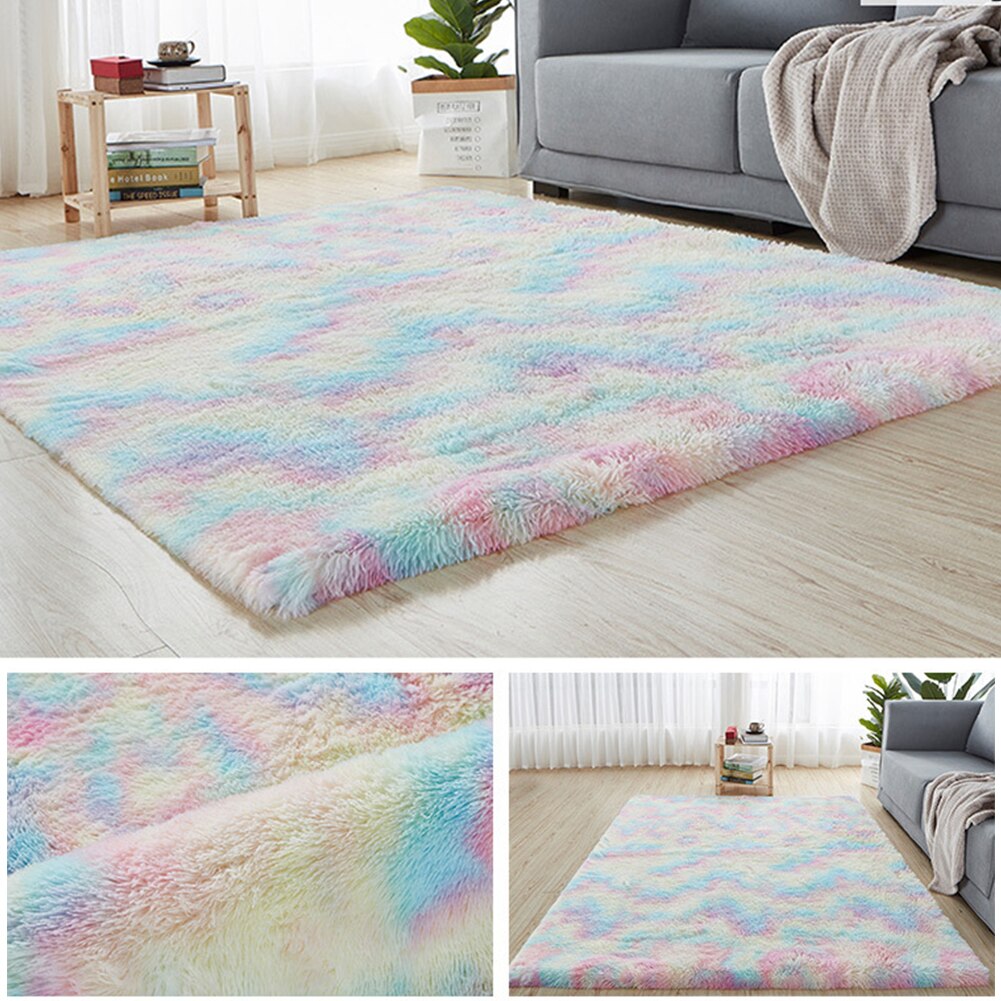 Kids Bedroom Living Room Luxury Velvet Cute Rainbow Area Rug Fluffy Home Decor Carpet Nursery Anti Slip Tie Dyed Extra Soft