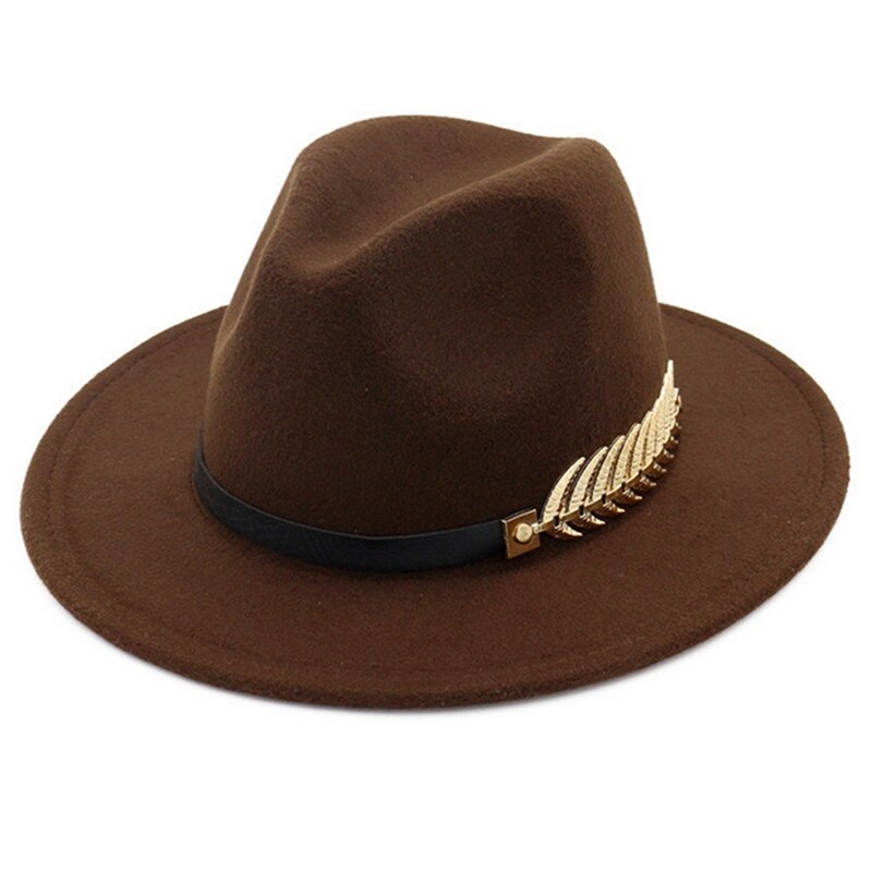 Sombrero de lana de estilo británico para hombre y mujer, gorro de lana de estilo británico, con plumas de hoja dorada, de fieltro de ala grande, Unisex