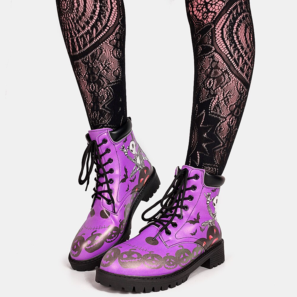 DoraTasia-botines con calavera morada para mujer, botas cortas de tacón grueso para Festival, zapatos de calle informales