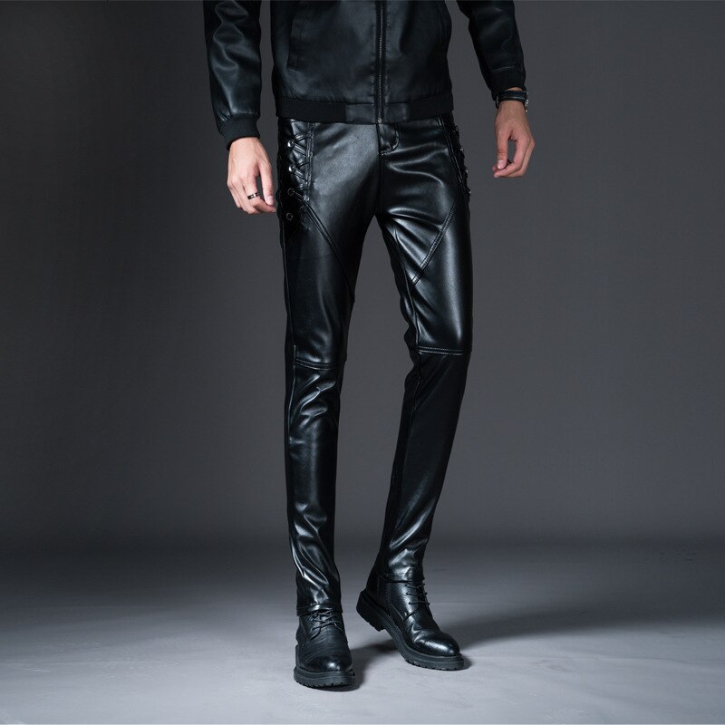 Pantalones de cuero de los hombres Slim Fit estilo coreano Otoño Invierno PU pantalones de cuero pantalones de la motocicleta a prueba de viento y ropa de calle cálida