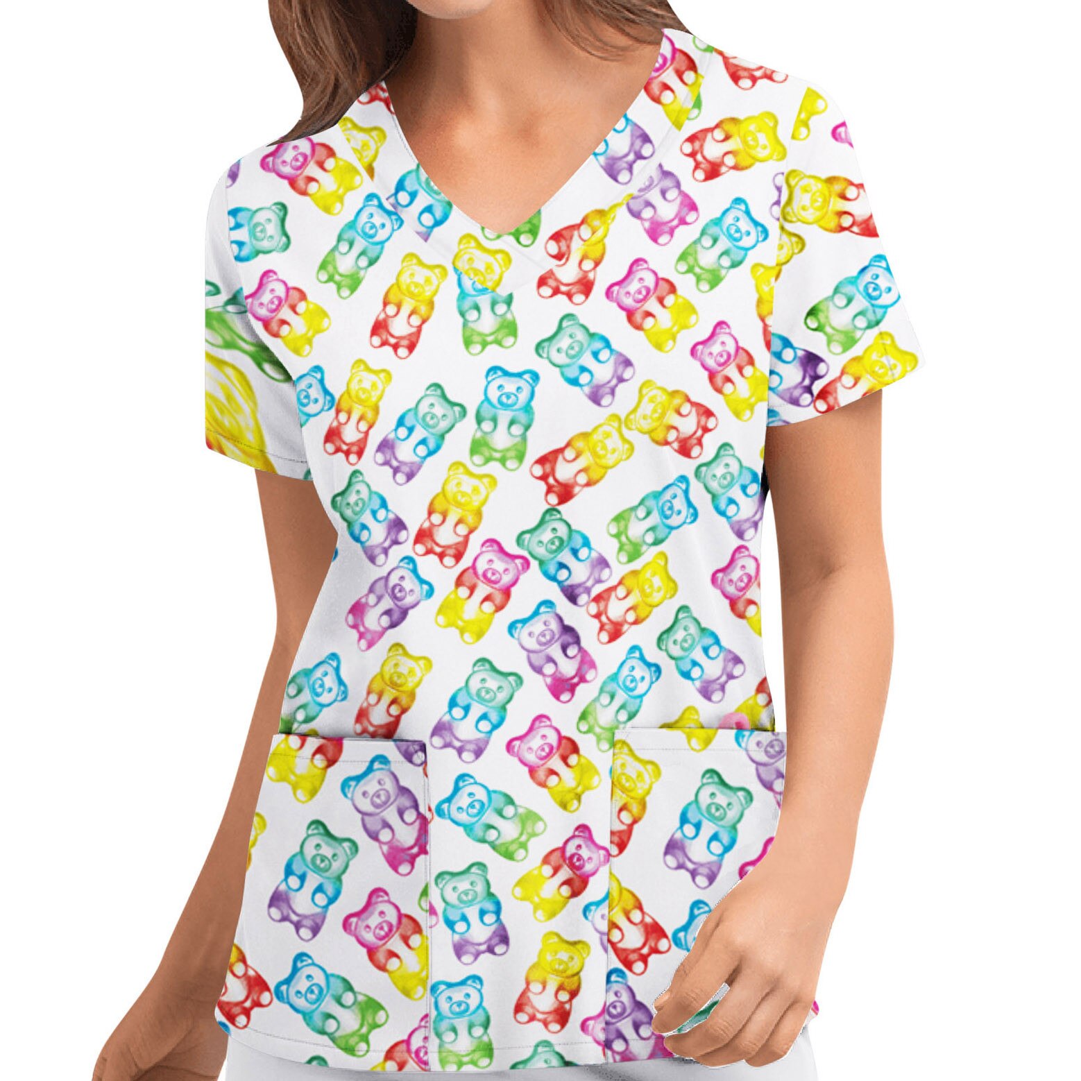 Neueste Krankenschwester Uniform Spitzen Frauen Plue Größe Tier drucken lässig Kurzarm V-ausschnitt Pflegeperson oben Ostern Pflege uniforme enfermera: Weiß / XXL