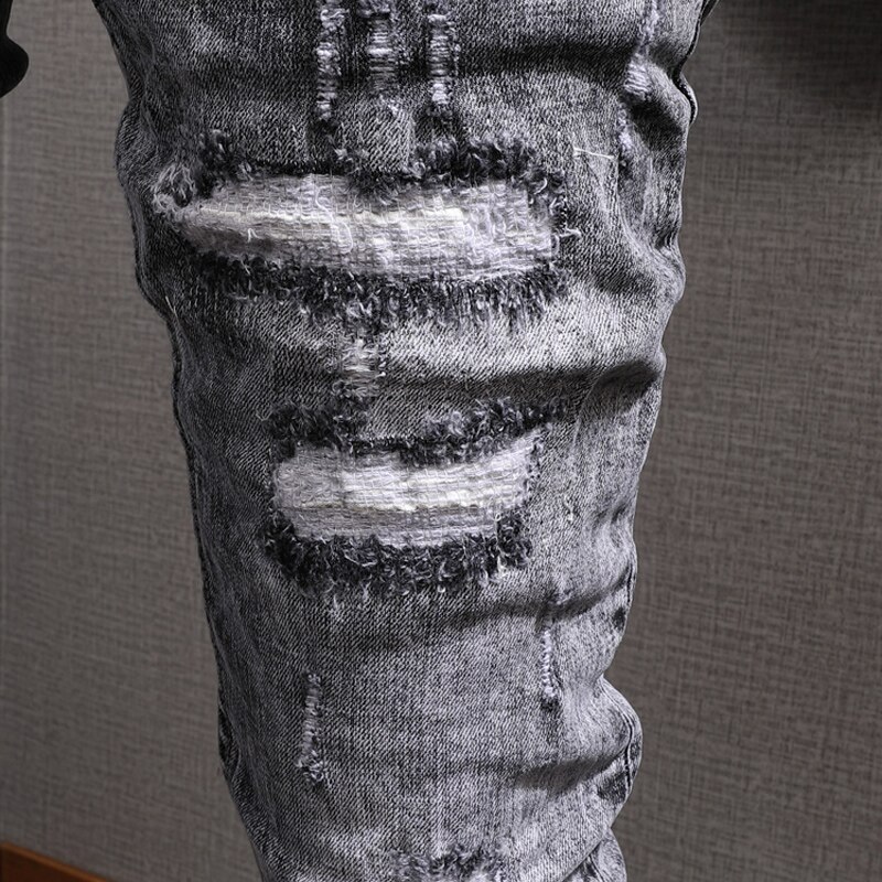 Streetwear hombres Jeans Retro gris lavado Slim Fit Ripped Jeans hombres Patchwork pantalones elásticos Vintage Jeans Homme