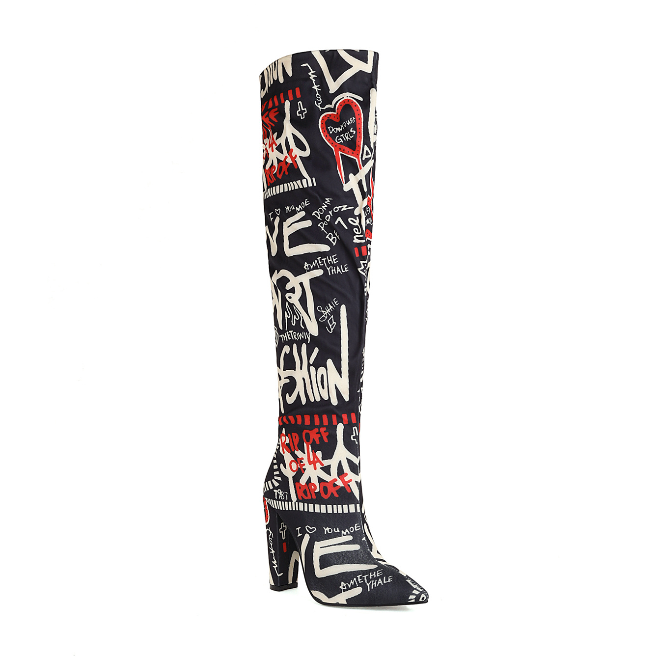 Botas por encima de la rodilla con tacón grueso y estampado, botines con estampado de Graffiti, estampado de flores, Camuflaje, patrón étnico: Negro / 41
