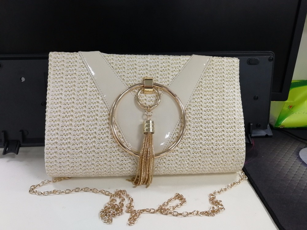 Stro Zinklegering Kwasten Handtas Voor Vrouwen Bruiloft Clutch Bags Met Ketting Cirkelvormige Ring Bolsa Feminina Purse Avond