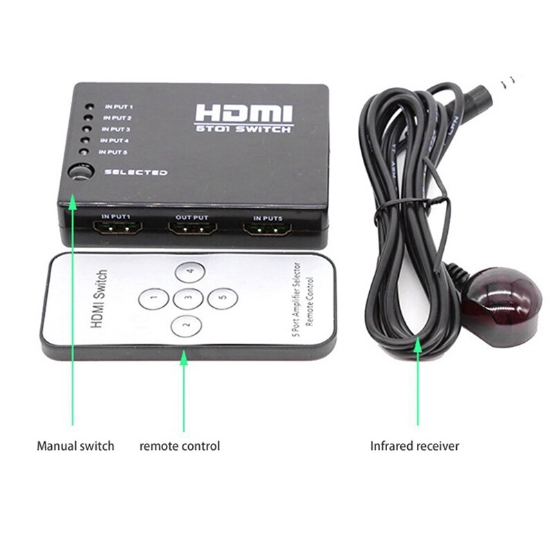 Conmutador HDMI de 5 puertos HDR 3D 1080P, convertidor de TV de vídeo HD, 1080P, caja de plástico, mando a distancia, 5 en 1 salida para HDTV
