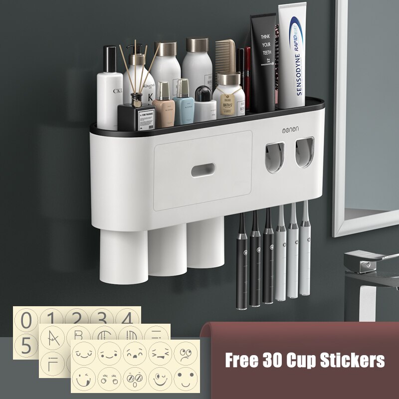 Magnetic Adsorption Inverted Toothbrush Holder Double Automatic Toothpaste Squeezer Dispenser Storage Rack Bathroom Accessories: Black with 3cups