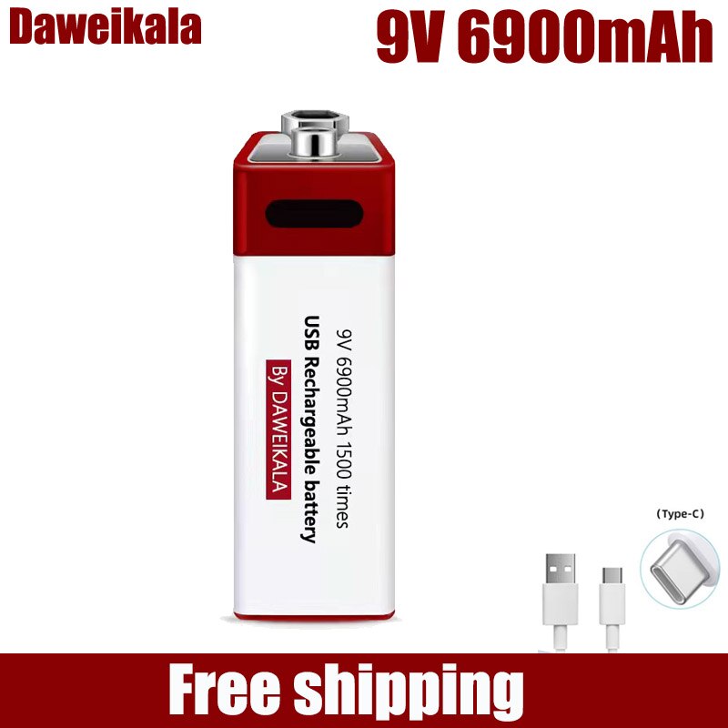 9V 6900Mah Lithium Ion Oplaadbare Batterij Type-C Usb Batterij 9V Multimeter Lithium Microfoon Metalen detector + Kabel