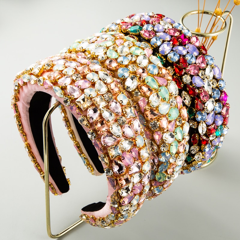 Overdreven Barokke Volledige Crystal Hoofdband Voor Vrouw Luxe Kleurrijke Diamante Gewatteerde Spons Haarband Vrouw Rinestone Tiara Bezel