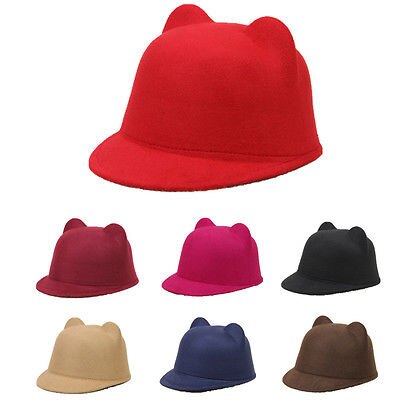 Gorro redondo cálido de lana con orejas de gato para niña y mujer, gorro de lana con orejas de gato, sombrero de Diablo, sombrero de fieltro Retro, Derby Bowler Horse, sombreros de ,