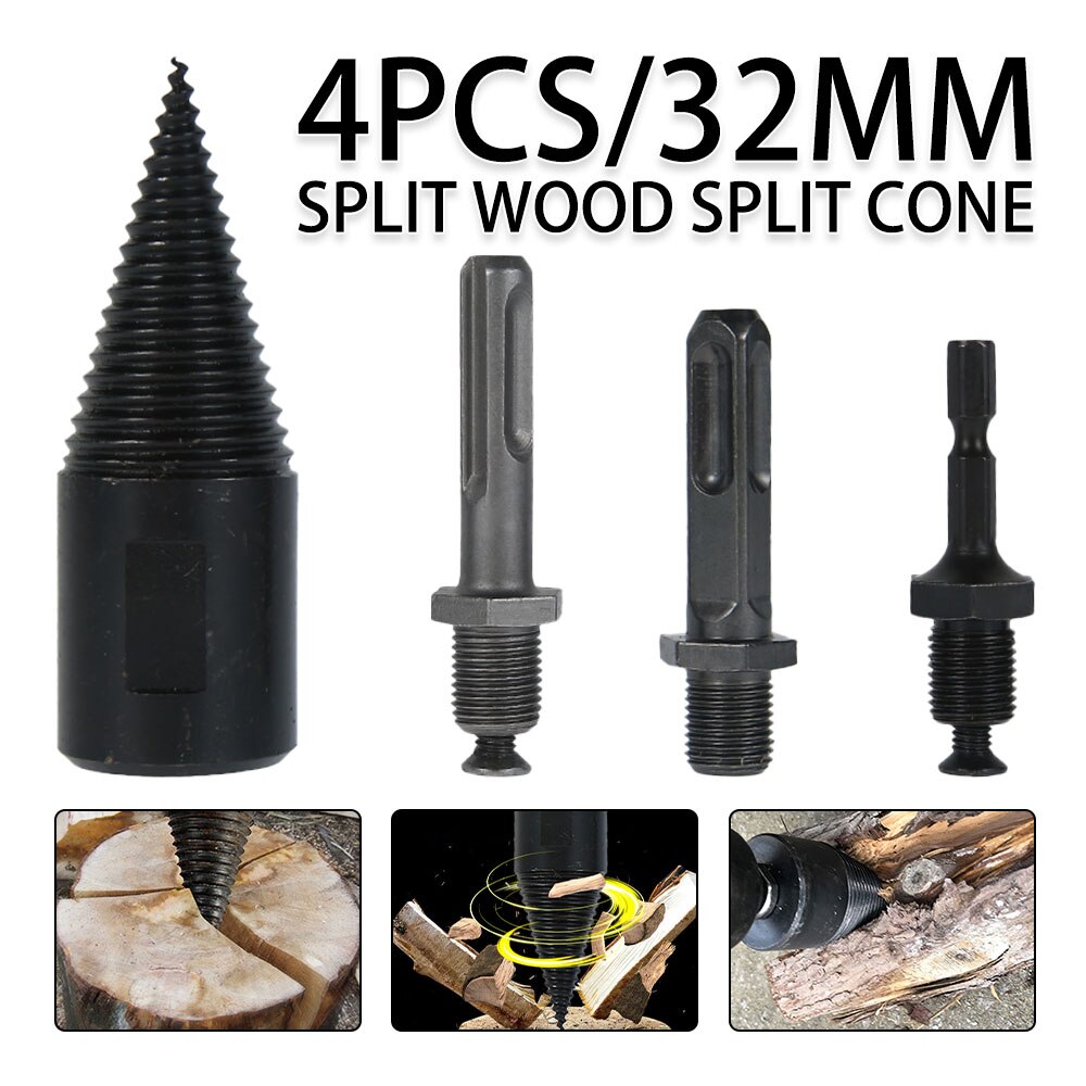 4Pcs Firewood Drill Bit Hex/Round/Square Shank High Speed Wood Splitting Screw Splitting Cone Driver For Wood Drilling Spilting