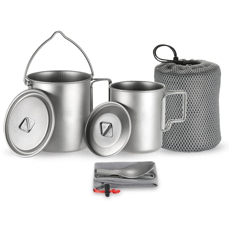 na wolnym powietrzu kemping tytanowy kubek 750Ml garnek + 450Ml kubek + lekka łyżka, tytanowy kubek składany uchwyt z pokrywkami