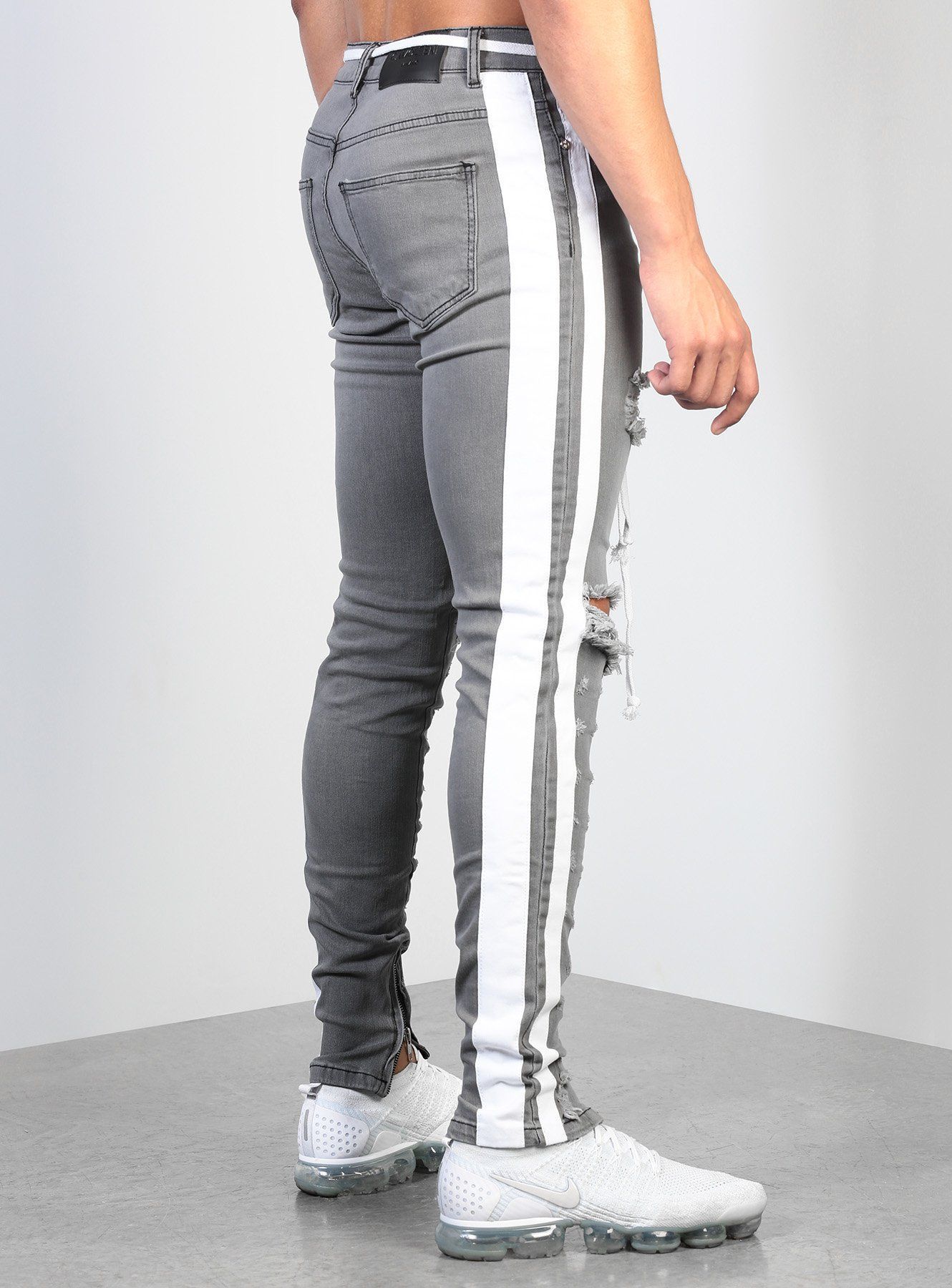 Pantalones vaqueros rasgados de Color gris S-3xl tallas pequeñas pantalones vaqueros ceñidos con agujeros decoración para hombres pantalones vaqueros rasgados con rayas blancas laterales nuevos Pantalones