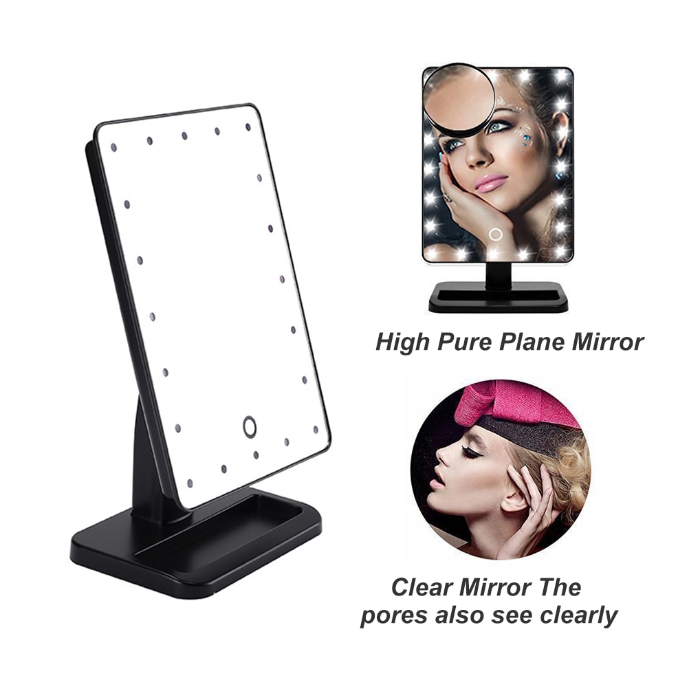 20 led lys makeup spejl kosmetik spejl med berøringsskærm, der kan dæmpes og aftages 10x forstørrelsesglas 180 ° rotation makeup spejl