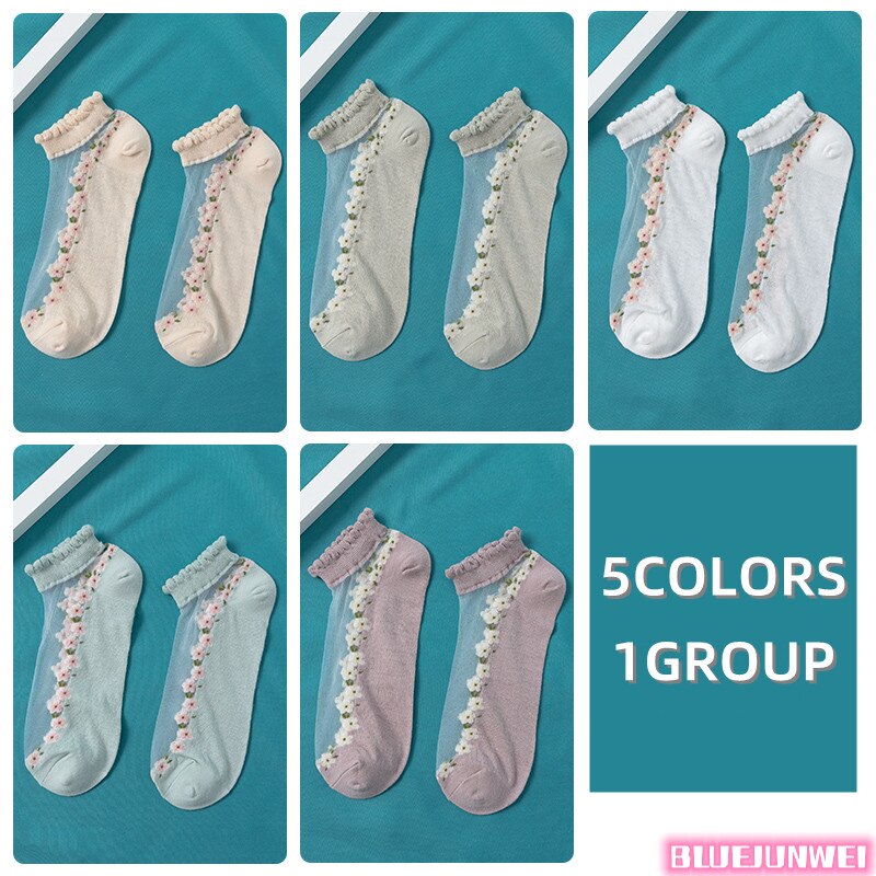 5 paires de chaussettes pour femmes, été, motif floral, chaussettes en soie, cristal, douces, en coton, respirantes, à la cheville: 16