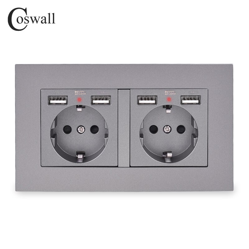 Coswall mærke 2 gang rusland spanien eu standard vægstik med 4 usb ladeport skjult blød led indikator pc panel sort hvid: Grå