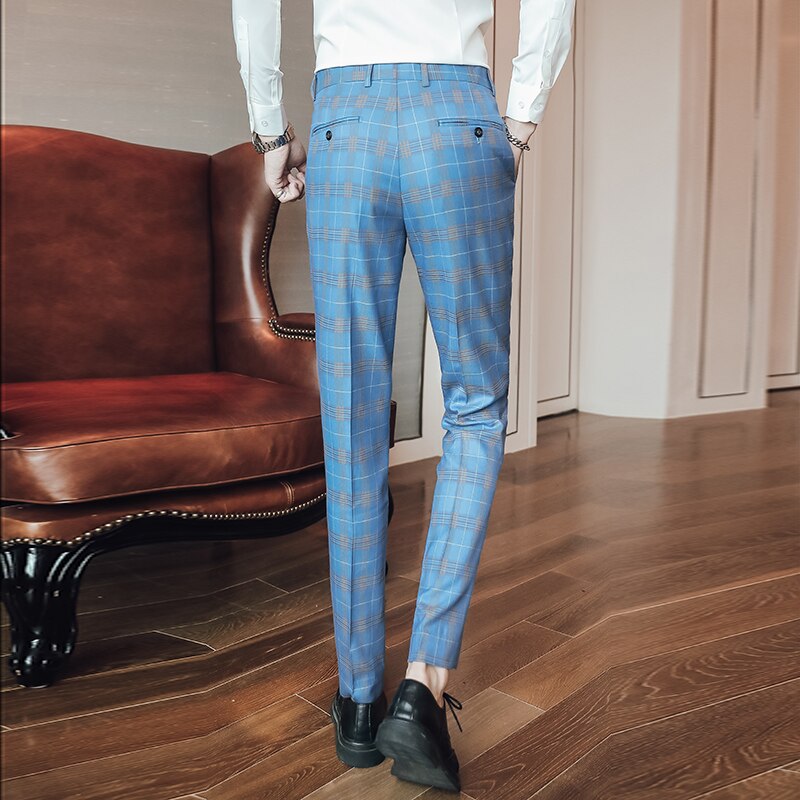 Brand Lake Blue Dress Pants Men Spring Autumn Formal Pants For Men Mens Plaid Pants Slim Fit Office Trousers P16