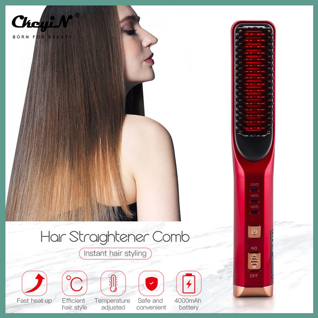 Cordless Hair Straightening Comb 3 Temperatures Hair Straightener USB Rechargeable Hair Straightening Iron Brush