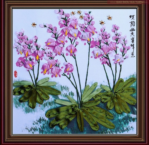 3D Orchid satin silk Ribbon embroidery handcraft plant flower cross-stitch kit DIY handmade needlework wall art decor craft
