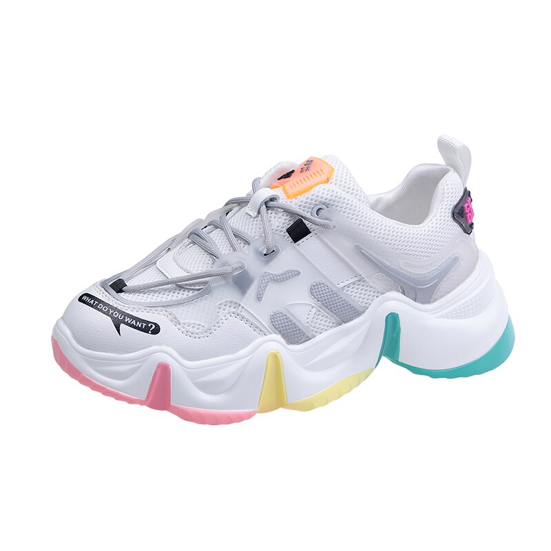Fujin femmes baskets printemps fond épais respirant couleurs mélangées bout rond plate-forme dentelle loisirs couture femmes baskets: WHITE / 8.5