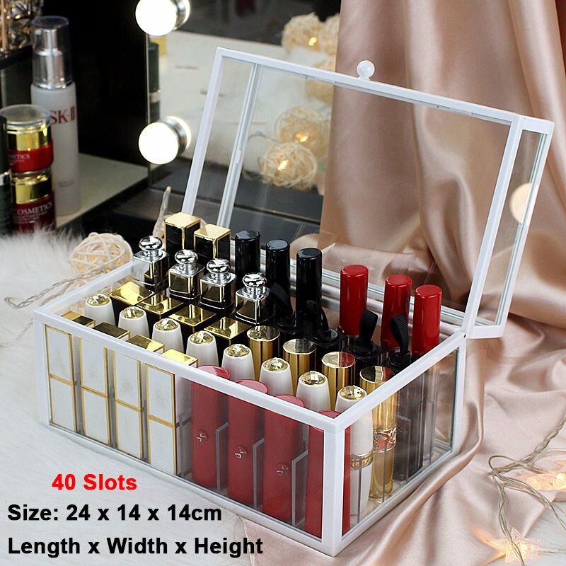 15/24/40 Slots Glass Lipstick Holder Dustproof Display Case Beauty Storage Box Luxury Makeup Organizer with Removable Dividers: White 40 Slots