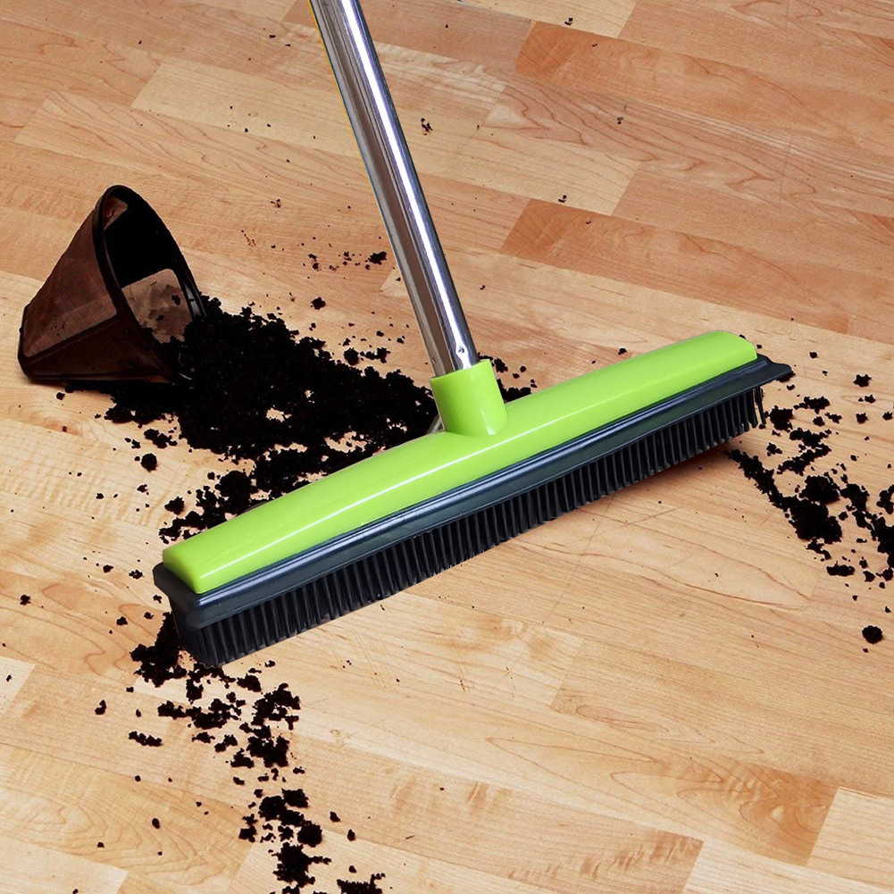 Escova de chão de borracha para pelos de animais de estimação, para tapete, removedor de pelos de cães com rodo embutido, vassoura de silicone, limpeza