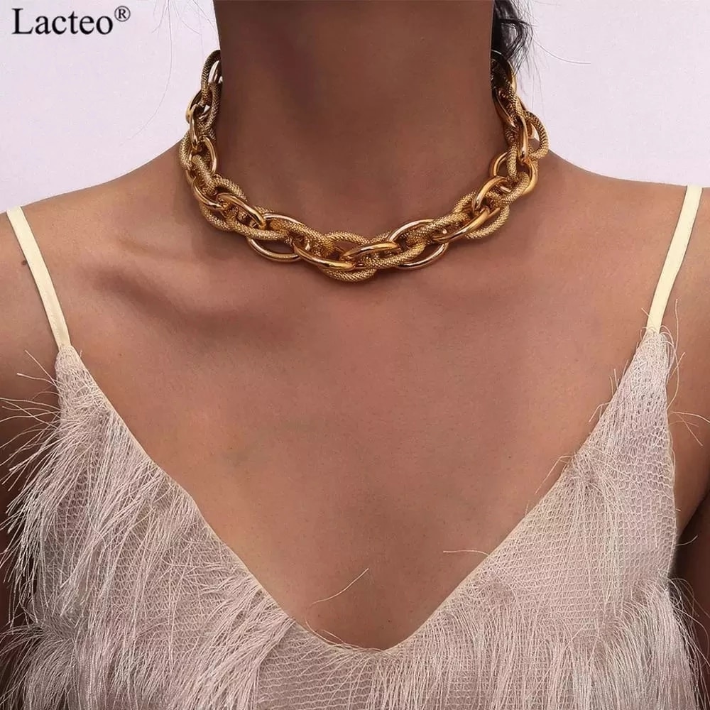 Lacteo Punk Hip Hop Golden Metal Choker Ketting Voor Vrouwen Verklaring Mode Kettingen Gothic Cubaanse Chunky Ketting Charm Ketting