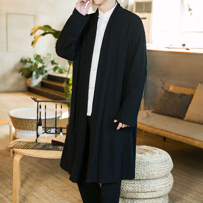 Abrigo largo sin botones para hombre, chaqueta de lino de talla grande, vestido tradicional chino, bata taoísta, ropa de primavera y otoño, 2022: Black / 5 XL