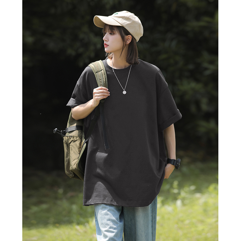 Camiseta informal de algodón puro de gran tamaño para mujer, ropa de calle japonesa de talla grande 5XL, camiseta de manga corta de Color sólido a la: M / Gris
