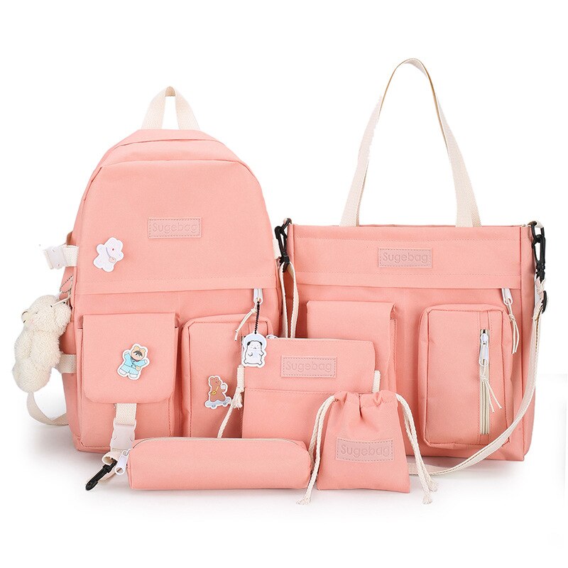 4 Stks/set Schooltassen Voor Tienermeisjes Rugzak Vrouwen Nylon Middelbare School Student Boekentas Multifunctionele Schooltas: Roze